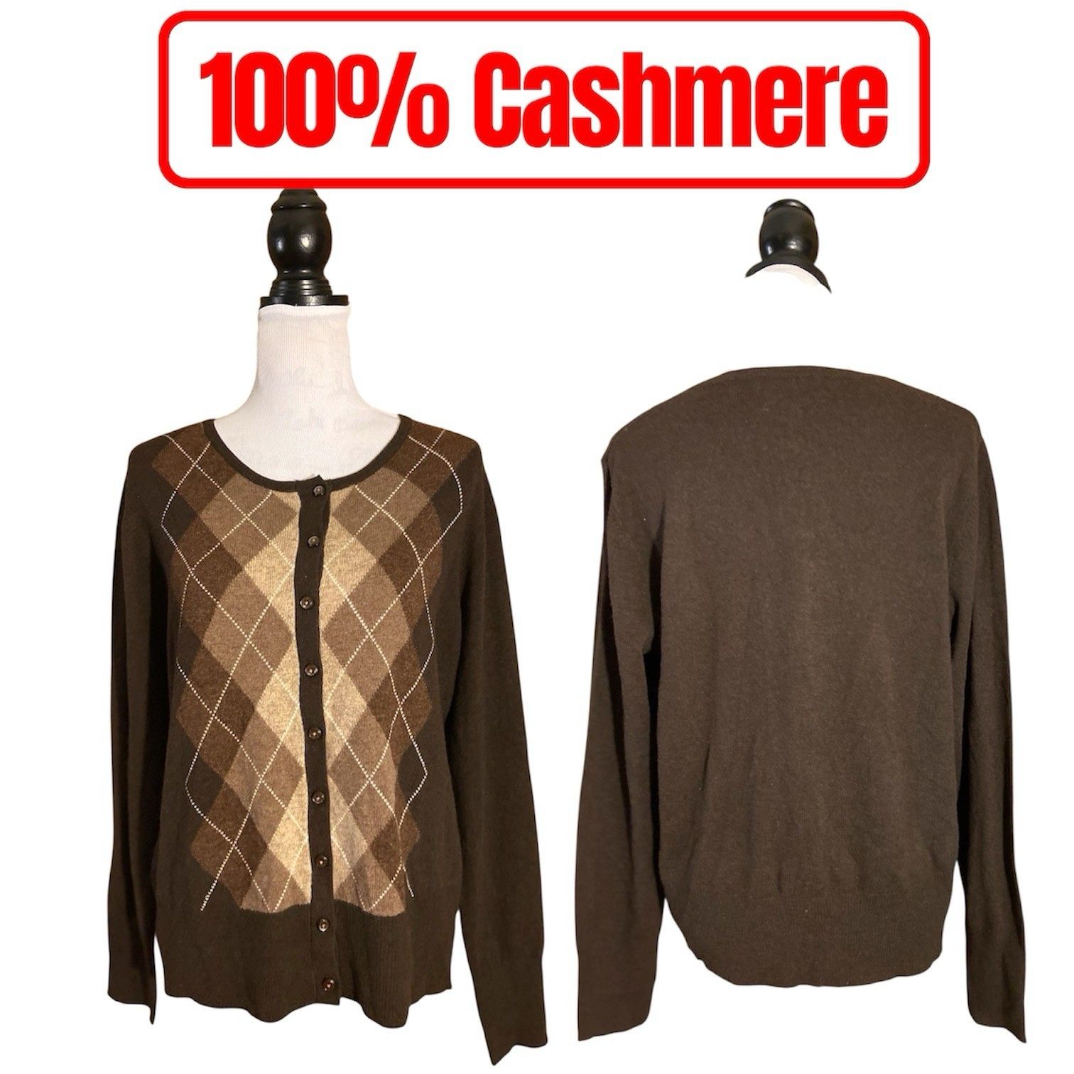 100% Cashmere Luxury Cardigan Sweater Light Women’s Xl Diamond Argyle Brown
